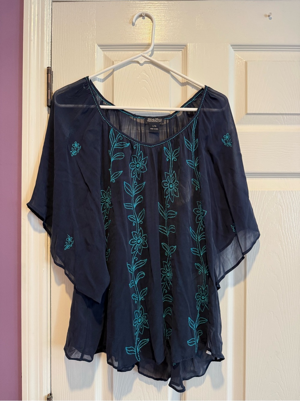 Lucky Brand Navy Tunic with Teal Floral Embroidery